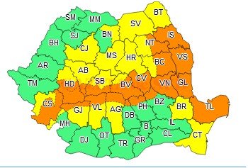Coduri Galben şi Portocaliu de vreme rea pentru mai multe judeţe din ţară Coduri Galben şi Portocaliu de vreme rea pentru mai multe judeţe din ţară