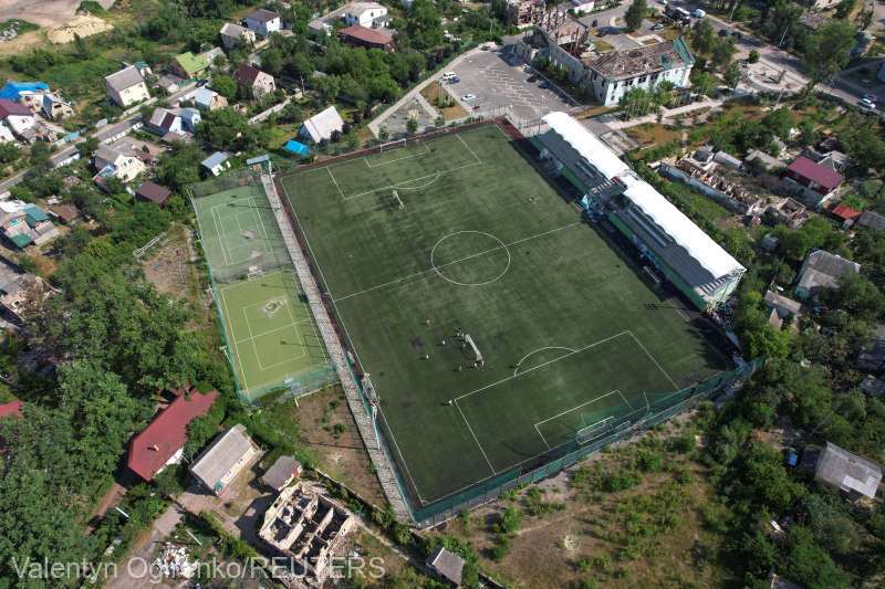 An aerial view shows the Central stadium in the town of Irpin