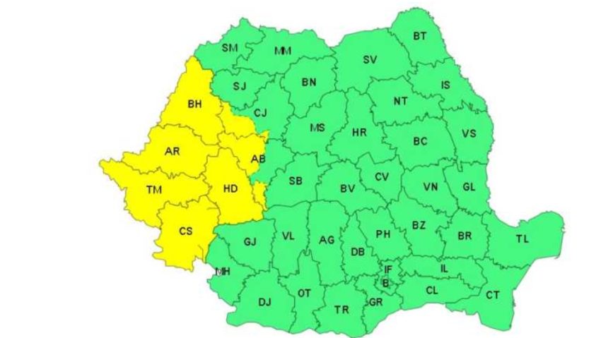 Șapte județe din vestul țării, sub Cod galben de ploi torențiale și vijelii pe parcursul zilei de joi Șapte județe din vestul țării, sub Cod galben de ploi torențiale și vijelii pe parcursul zilei de joi