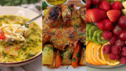Prânzul de duminică: supă turcească de pui, pui fraged la cuptor cu legume și fructe proaspete