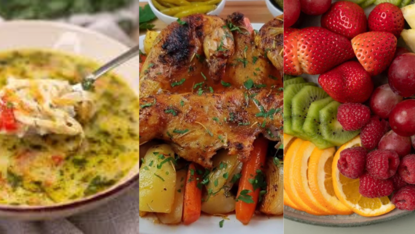 Prânzul de duminică: supă turcească de pui, pui fraged la cuptor cu legume și fructe proaspete Prânzul de duminică: supă turcească de pui, pui fraged la cuptor cu legume și fructe proaspete