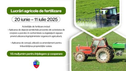 Lucrări de fertilizare a terenurilor în zona Agadici din Caraș-Severin, în perioada 20 iunie – 11 iulie 2025