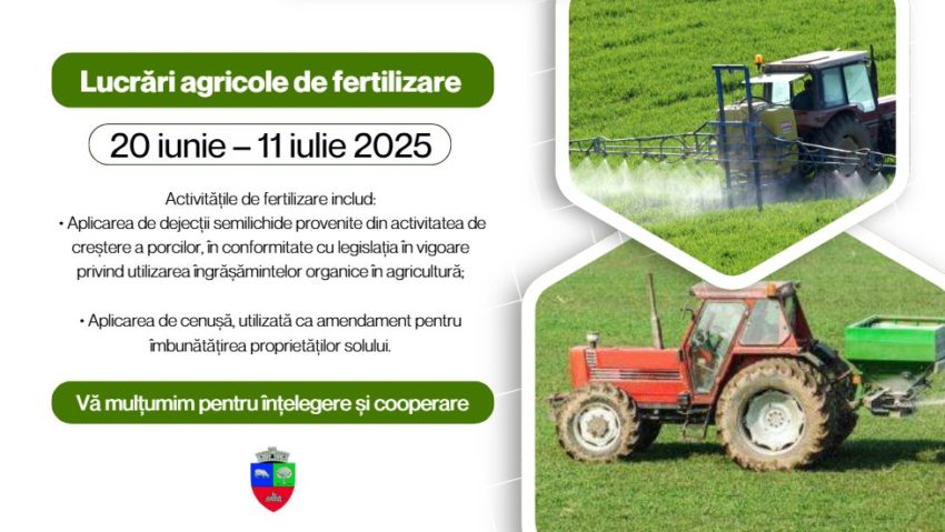 Lucrări de fertilizare a terenurilor în zona Agadici din Caraș-Severin, în perioada 20 iunie – 11 iulie 2025
