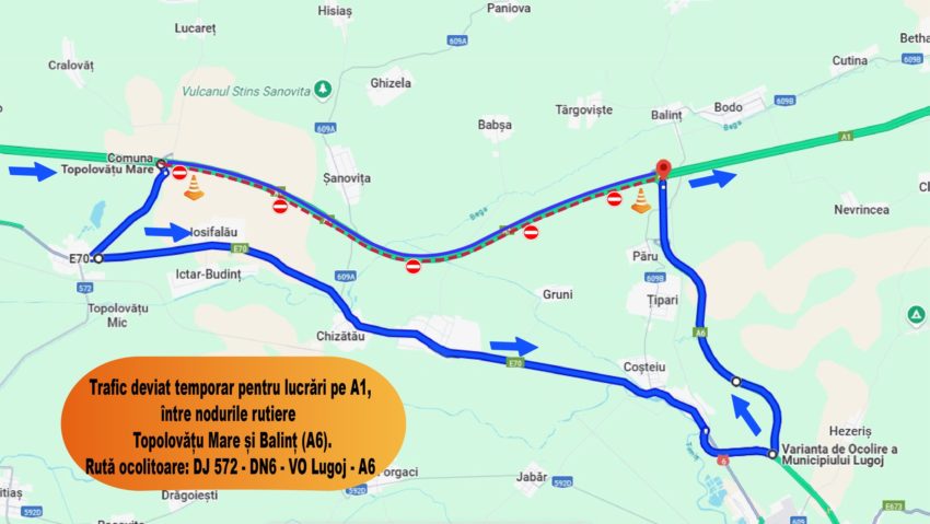 Restricții pe autostrada A1 între Topolovățu Mare și Balinț. Trafic deviat pe DN6 până la începutul lunii august Restricții pe autostrada A1 între Topolovățu Mare și Balinț. Trafic deviat pe DN6 până la începutul lunii august