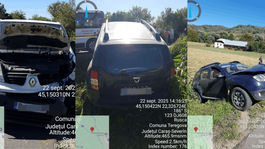 Accident rutier la Rusca, comuna Teregova: două persoane rănite după coliziunea dintre o ambulanță și un autoturism