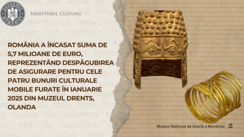 România a încasat suma de 5,7 milioane de euro, reprezentând despăgubirea de asigurare pentru cele patru bunuri culturale mobile furate în ianuarie 2025 din Muzeul Drents, Olanda România a încasat suma de 5,7 milioane de euro, reprezentând despăgubirea de asigurare pentru cele patru bunuri culturale mobile furate în ianuarie 2025 din Muzeul Drents, Olanda
