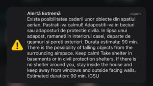 RO-Alert în Tulcea: autoritățile avertizează asupra posibilității căderii unor obiecte din spațiul aerian