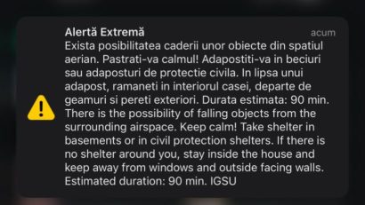 RO-Alert în Tulcea: autoritățile avertizează asupra posibilității căderii unor obiecte din spațiul aerian