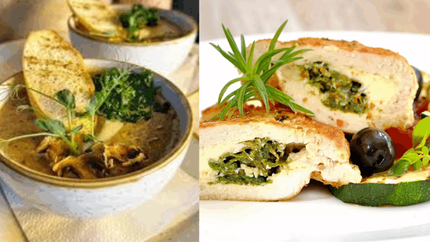 Prânzul de duminică – supă cremă de ciuperci cu ulei de trufe și piept de pui umplut cu spanac și brânză feta