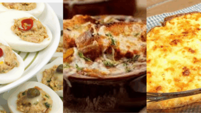Ouă umplute cu ton, supă franțuzească de ceapă și paste gratinate cu sos Bechamel