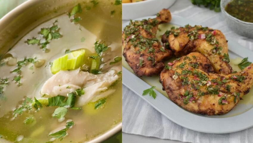 Prânzul de duminică: supă de pui cu praz și pulpe de pui marinate cu chimichurri
