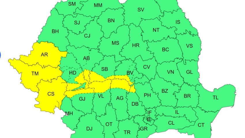 Cod galben de vânt puternic și precipitații în vestul și sudul țării. Ninsori viscolite la munte