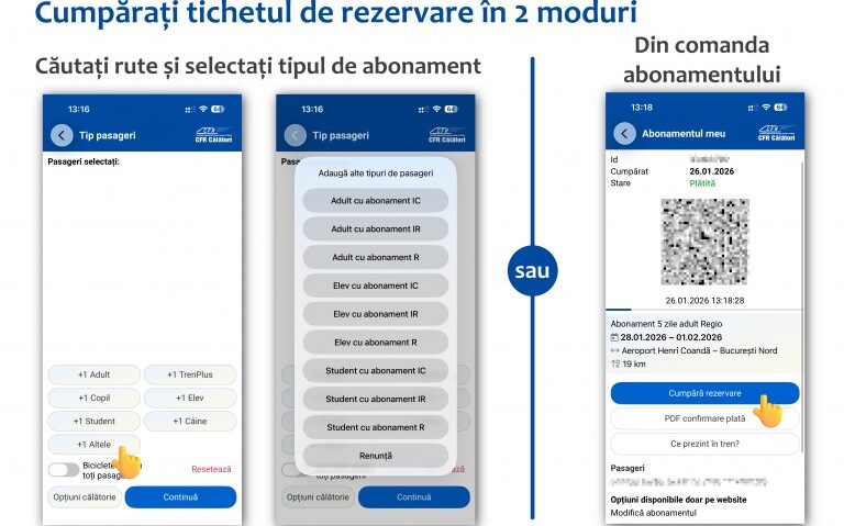 CFR Călători: rezervarea locurilor pentru abonați, direct de pe telefon prin aplicaţia mobilă