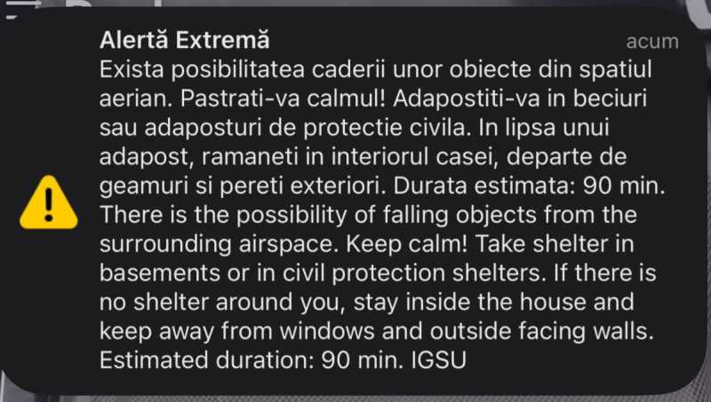 Un nou mesaj RO-Alert pentru locuitorii din zona de graniță româno-ucraineană
