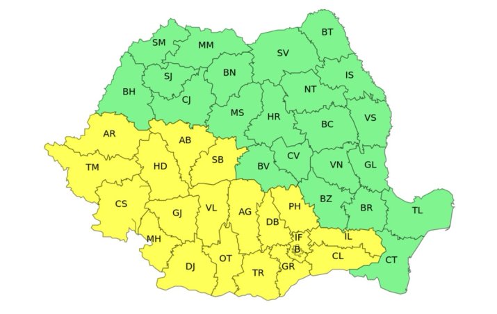 Vestul si sudul României, sub cod galben de averse și vânt puternic