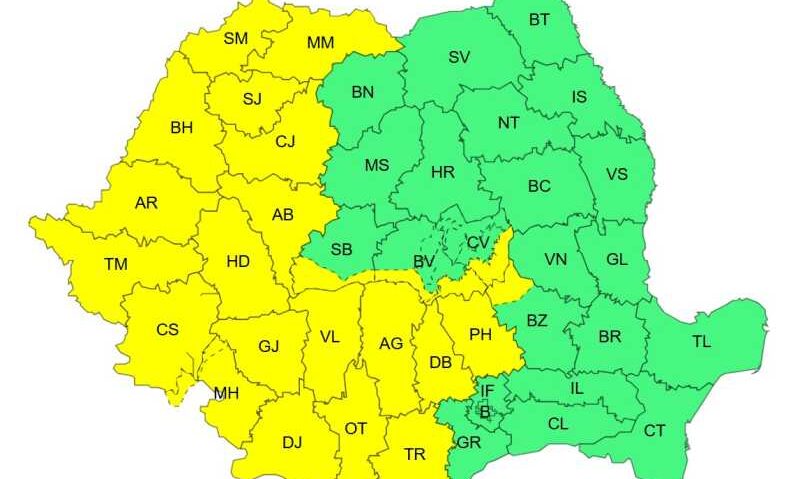 Cod galben de vijelii și ploi torențiale în mai multe regiuni din țară. Vremea se răcește accentuat