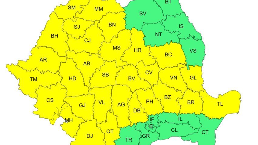 Cod galben de furtuni, ploi torențiale și grindină în 30 de județe. ANM anunță instabilitate atmosferică accentuată