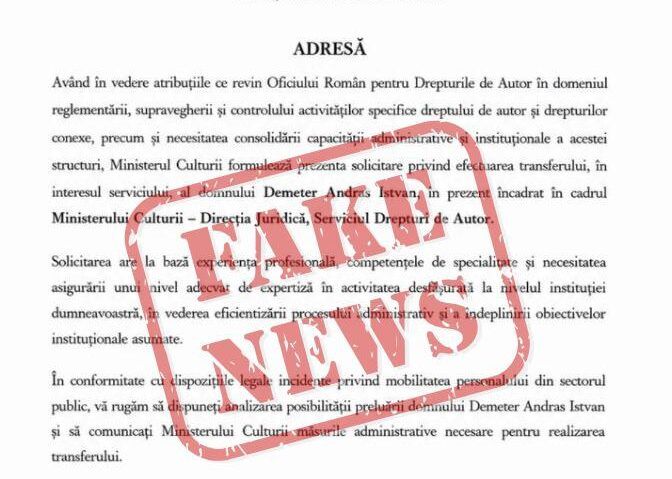 Ministerul Culturii dezminte solicitarea către ORDA în numele lui Demeter Andras Istvan