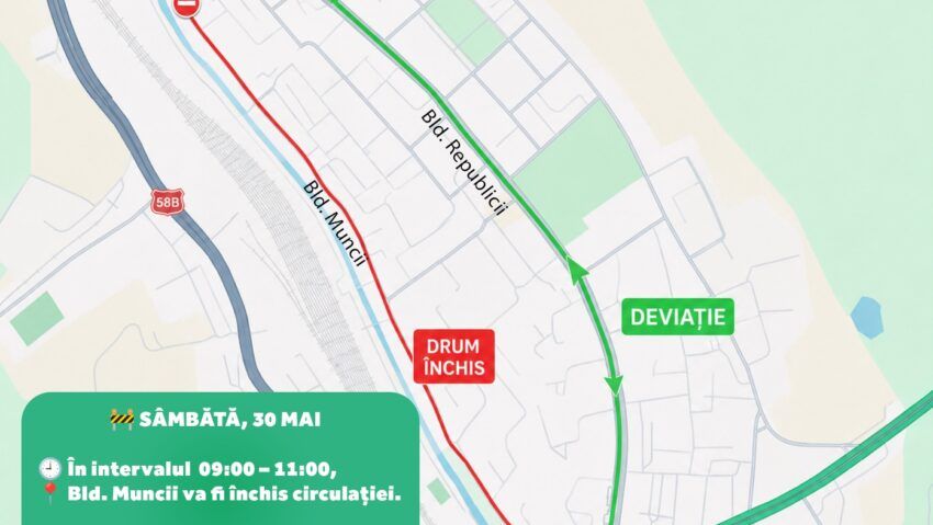 Circulație închisă temporar pe Bulevardul Muncii din Reșița. Autobuzele TUR vor circula deviat