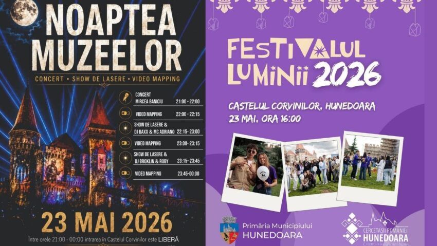Noaptea Muzeelor 2026 în Hunedoara: recital Mircea Baniciu, video-mapping și Festivalul Luminii la Castelul Corvinilor