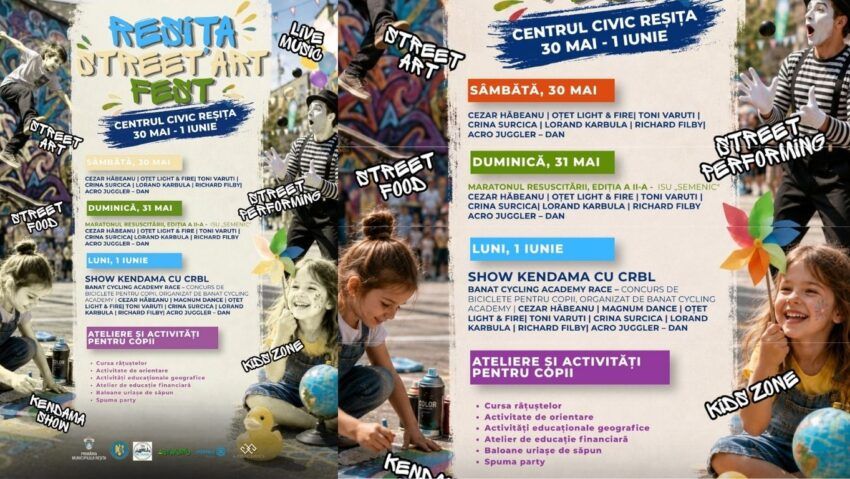Reșița Street Art Fest 2026 colorează Centrul Civic de 1 Iunie: trei zile de artă urbană, muzică, joacă și activități pentru copii