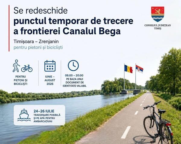 Punctul de frontieră de pe Canalul Bega se redeschide din 13 iunie. Cicliștii și pietonii pot traversa din nou între Timișoara și Zrenjanin