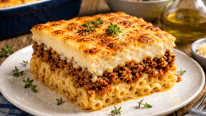 Pastitsio, rețetă grecească mediteraneană cu paste, carne tocată și sos bechamel