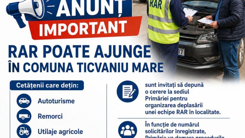 RAR ajunge la Ticvaniu Mare pentru efectuarea ITP-urilor. Primăria îi invită pe cetățeni să se înscrie