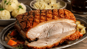 Prânzul de Duminică: Schweinsbraten, friptura austriacă de porc cu șorici crocant și sos de bere