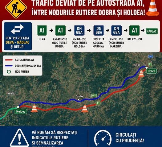 Trafic deviat pe autostrada A1 între Dobra și Holdea. Lucrări de reparații înainte de recepția finală a Lotului 3 Lugoj–Deva