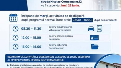 Program suspendat la Permise și Înmatriculări Caransebeș pe 22 iunie. Activitatea se reia marți