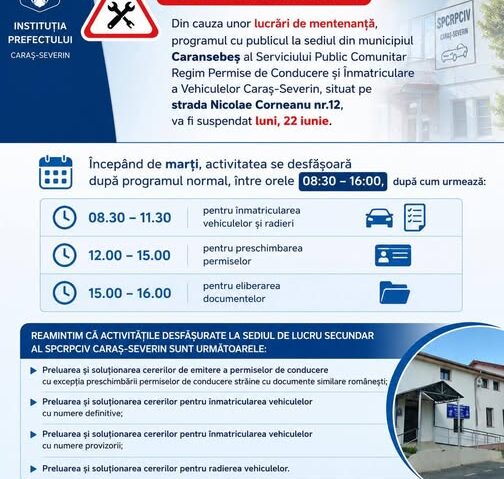Program suspendat la Permise și Înmatriculări Caransebeș pe 22 iunie. Activitatea se reia marți