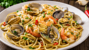 Spaghete cu scoici și creveți, rețeta mediteraneană perfectă pentru o masă cu gust de vacanță