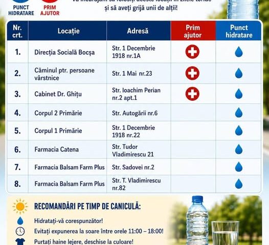 Primăria Bocșa a redeschis punctele de hidratare și prim ajutor pentru zilele de caniculă