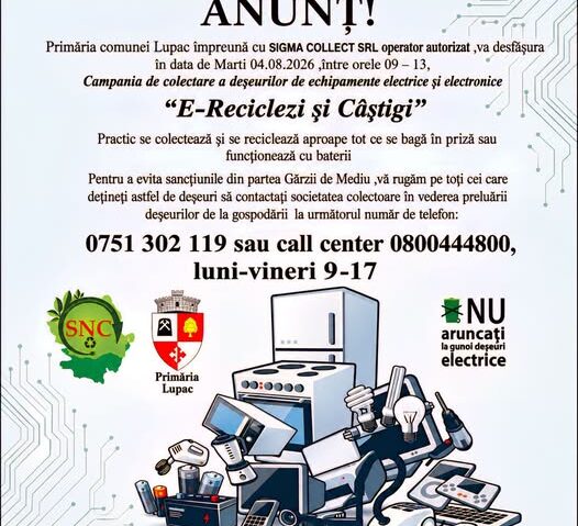 Campanie de colectare a deșeurilor electrice și electronice în comuna Lupac. Ridicarea gratuită are loc pe 4 august