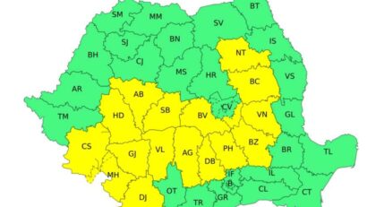 ANM: Cod galben de averse torențiale, vijelii și descărcări electrice în mai multe regiuni, până luni seara