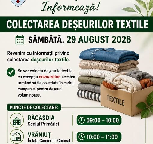 Colectarea deșeurilor textile, la Răcășdia. Campania are loc sâmbătă, 29 august