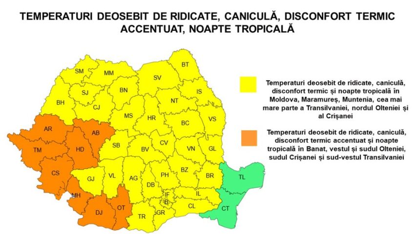 Valul de căldură se extinde și se intensifică. Cod portocaliu și cod galben de caniculă în mai multe regiuni