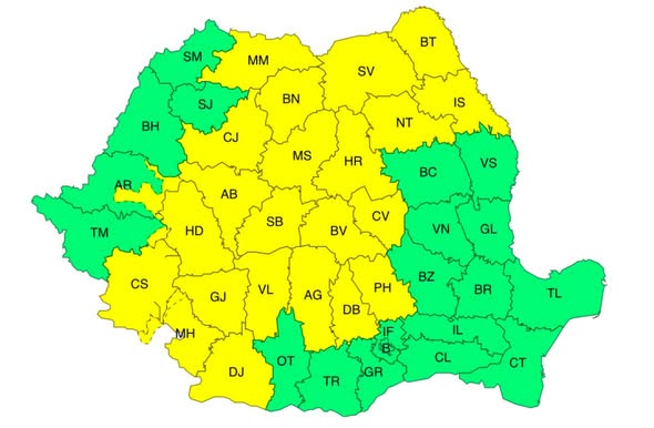 Cod galben de instabilitate atmosferică în mai multe regiuni. Averse torențiale, vijelii și grindină