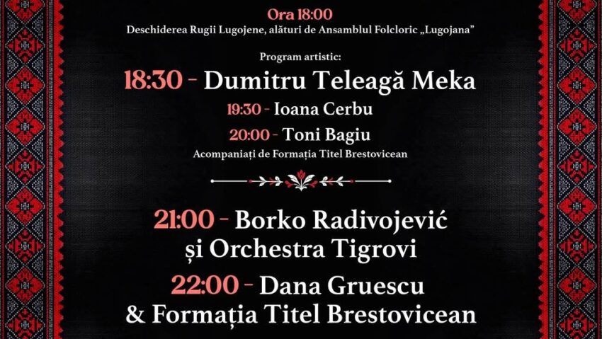 Ruga Lugojană 2026, pe 15 august în Piața Victoriei. Muzică, tradiții bănățene și recital Borko Radivojević & Orchestra Tigrovi