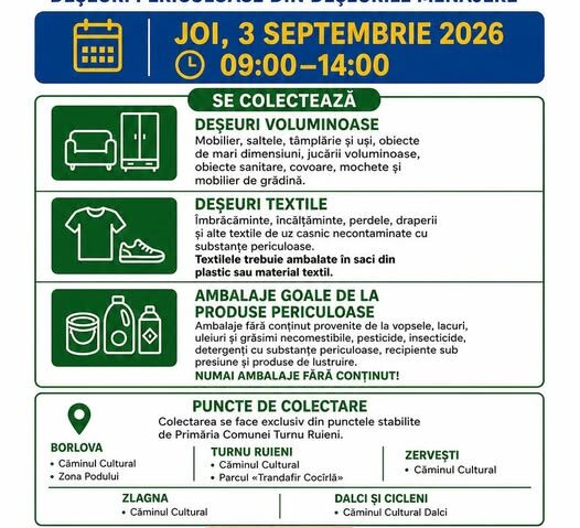 Campanie de colectare a deșeurilor voluminoase, textile și periculoase la Turnu Ruieni. Când și unde pot fi aduse