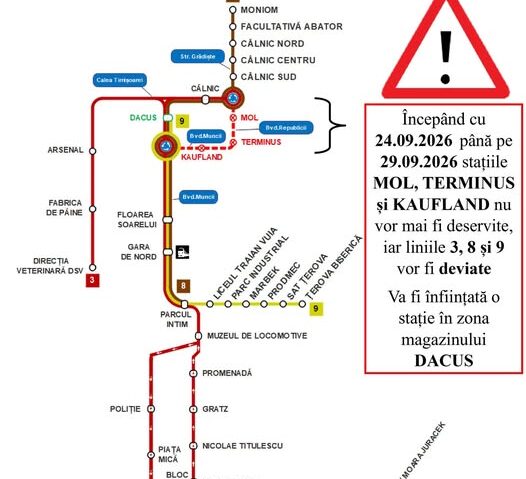 Circulație închisă pe Platforma Câlnicel. Liniile 3, 8 și 9 circulă deviat până pe 29 septembrie