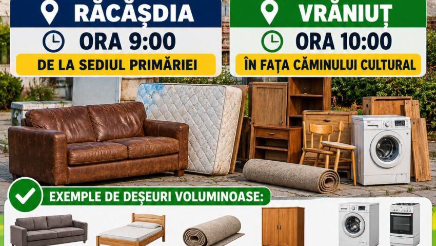 Colectare deșeuri voluminoase în Răcășdia și Vrăniuț. Acțiunea are loc sâmbătă, 26 septembrie