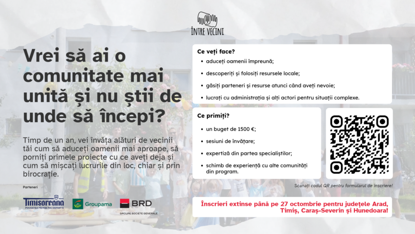 Înscrieri în Incubatorul de Comunități 2026: locuitorii din Caraș-Severin, Timiș, Arad și Hunedoara pot participa până pe 27 octombrie