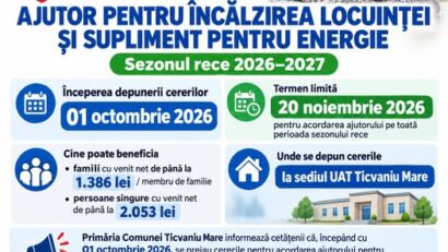 Ajutor pentru încălzirea locuinței la Ticvaniu Mare. Cererile se depun începând cu 1 octombrie