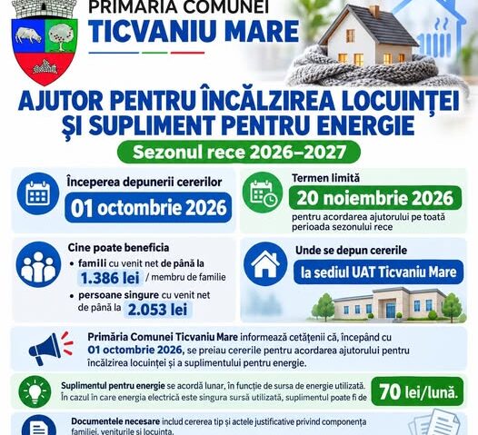 Ajutor pentru încălzirea locuinței la Ticvaniu Mare. Cererile se depun începând cu 1 octombrie