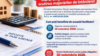 Reșițenii cu datorii la bugetul local pot scăpa de penalitățile de întârziere. Termenul-limită este 30 noiembrie 2026