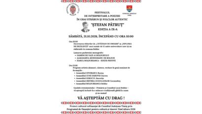 Festivalul „Ștefan Pătruț” 2026, la Boldur: 12 personalități universitare vor fi premiate. Poezie în grai bănățean, folclor și lansări de carte