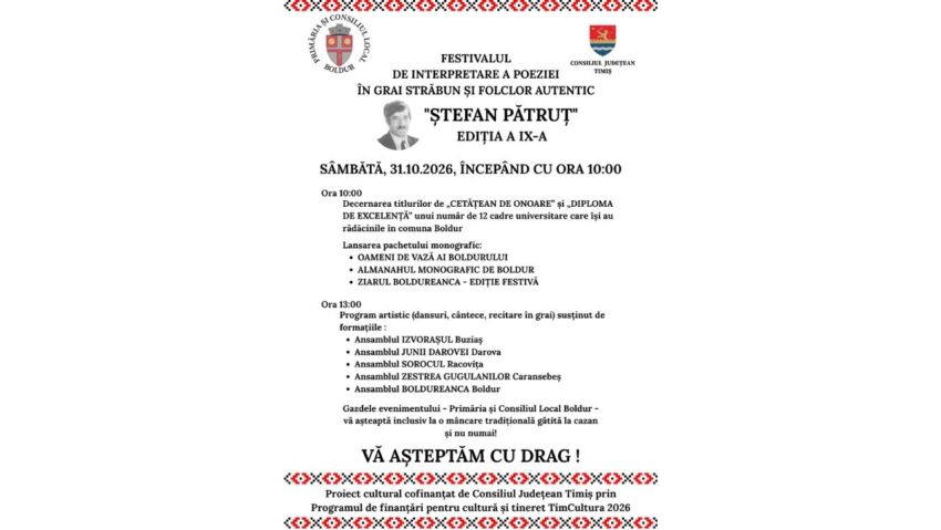 Festivalul „Ștefan Pătruț” 2026, la Boldur: 12 personalități universitare vor fi premiate. Poezie în grai bănățean, folclor și lansări de carte