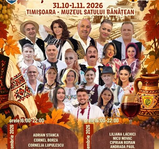 Festivalul Toamnei și al Vinului, la Timișoara. Trei zile de muzică populară și tradiții, la Muzeul Satului Bănățean